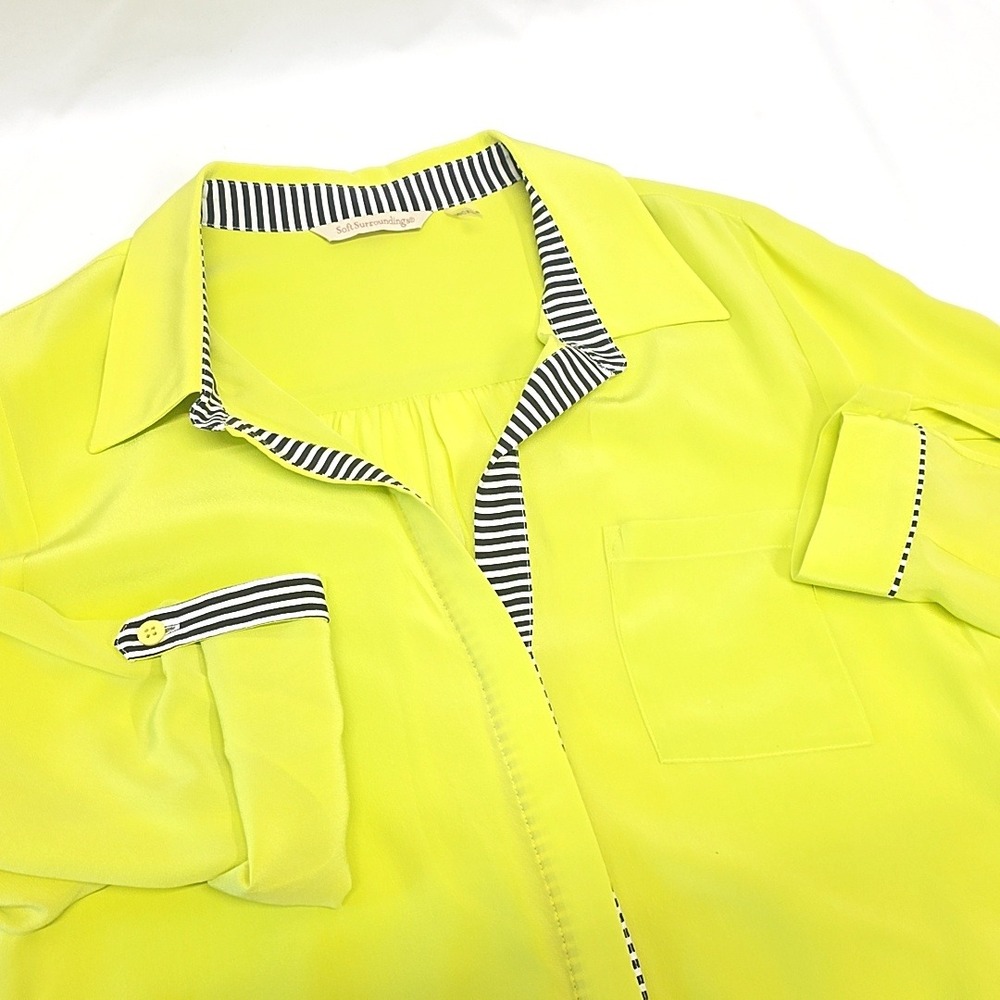 Soft Surroundings Blouse Women XS Lime Green 100% Silk Striped Trim Roll-Tab
